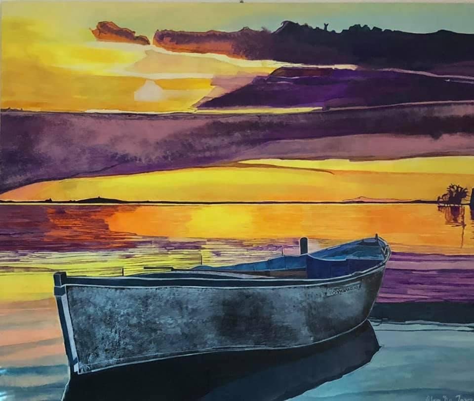 «Stagno di Cabras», acrilico, 2019 — dipinto di Alex Da Torres: barca a remi sulla laguna al tramonto
