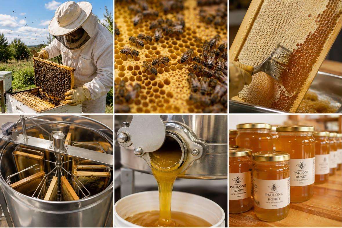 Six-stage view of beekeeping, honey extraction and PaulOne Honey jars