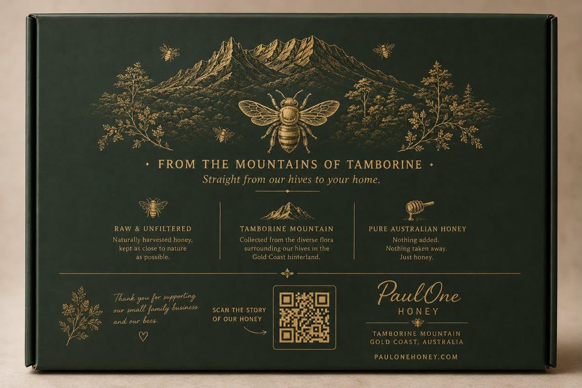Dark green PaulOne Honey presentation box with antique-gold Tamborine Mountain artwork